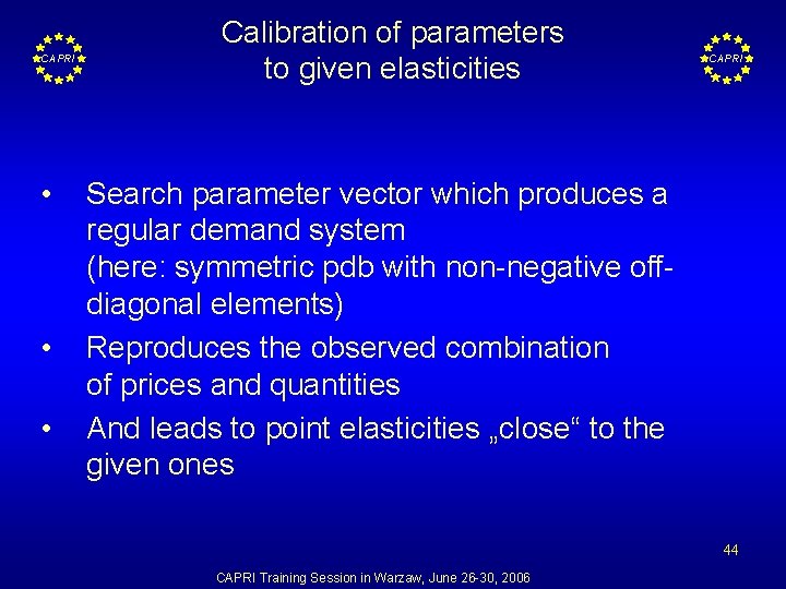 CAPRI • • • Calibration of parameters to given elasticities CAPRI Search parameter vector