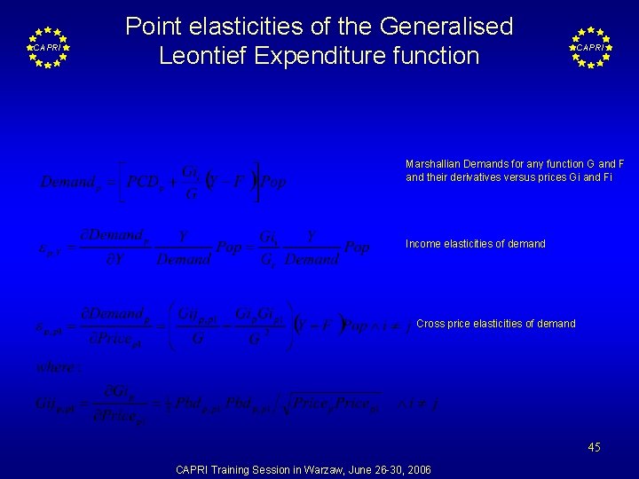 CAPRI Point elasticities of the Generalised Leontief Expenditure function CAPRI Marshallian Demands for any