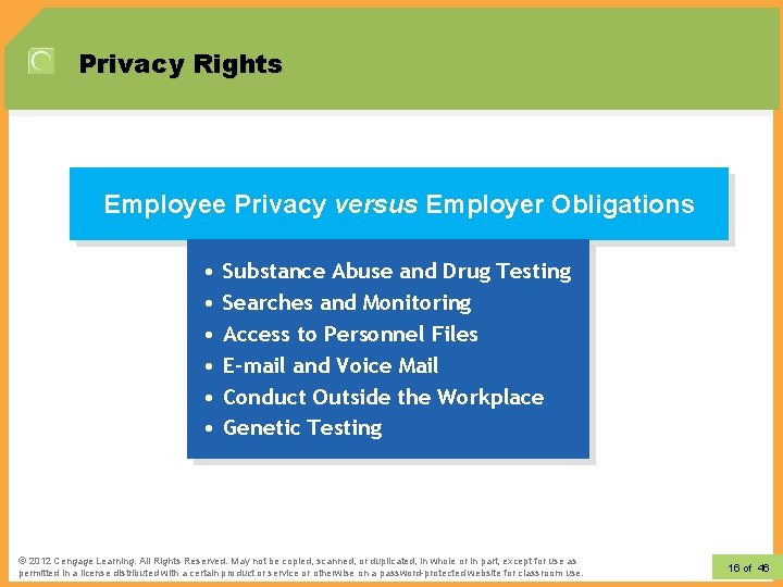 Privacy Rights Employee Privacy versus Employer Obligations • • • Substance Abuse and Drug