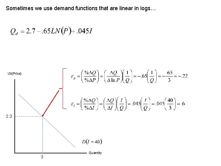 Sometimes we use demand functions that are linear in logs… LN(Price) 2. 3 3