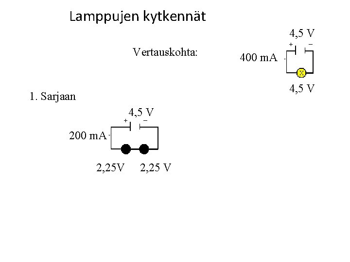 Lamppujen kytkennät 4, 5 V Vertauskohta: 400 m. A 4, 5 V 1. Sarjaan