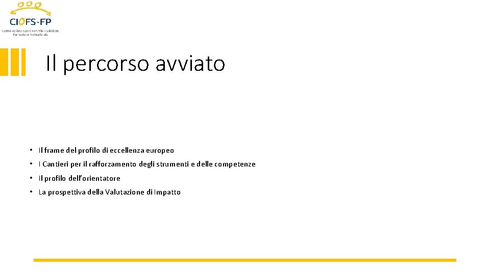 Il percorso avviato • Il frame del profilo di eccellenza europeo • I Cantieri