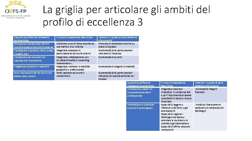 La griglia per articolare gli ambiti del profilo di eccellenza 3 Capacità qualificante l’elemento