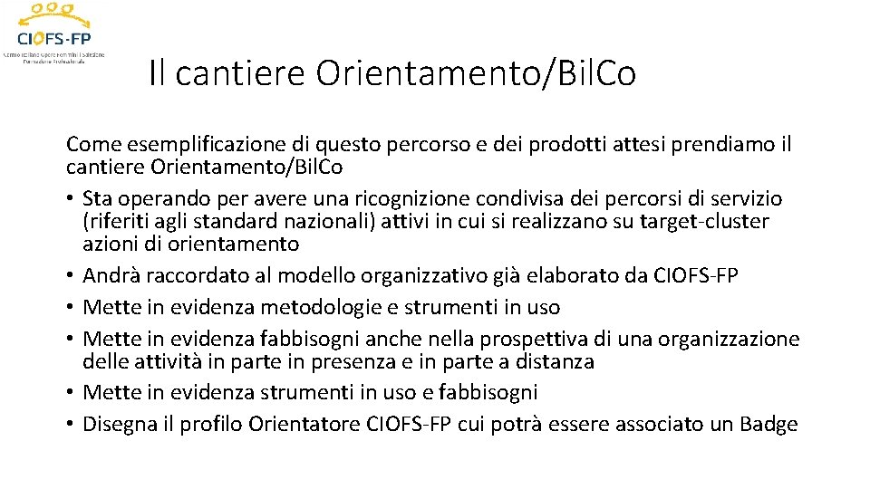 Il cantiere Orientamento/Bil. Co Come esemplificazione di questo percorso e dei prodotti attesi prendiamo