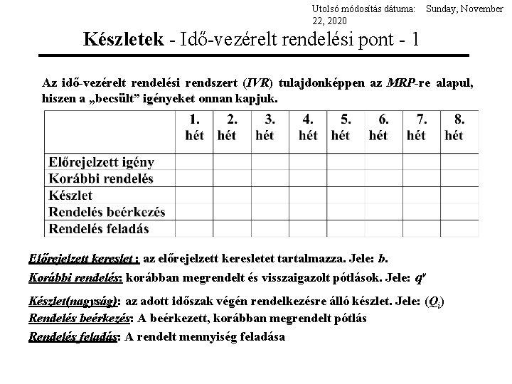 Utolsó módosítás dátuma: 22, 2020 Sunday, November Készletek - Idő-vezérelt rendelési pont - 1