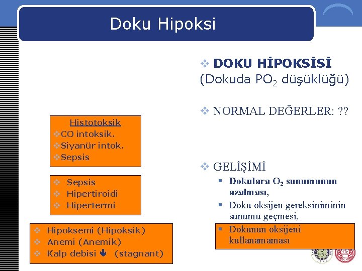 Doku Hipoksi v DOKU HİPOKSİSİ (Dokuda PO 2 düşüklüğü) Histotoksik v. CO intoksik. v.