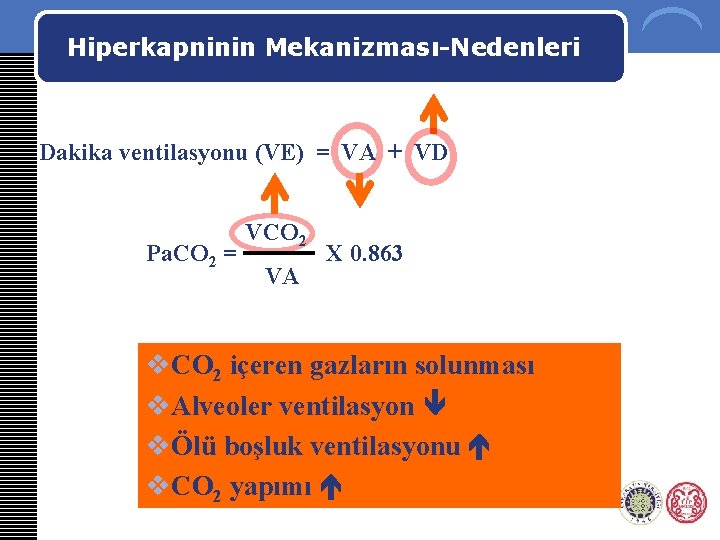 Hiperkapninin Mekanizması-Nedenleri Dakika ventilasyonu (VE) = VA + VD Pa. CO 2 = VCO