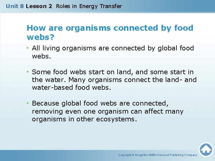 Unit 8 Lesson 2 Roles in Energy Transfer How are organisms connected by food