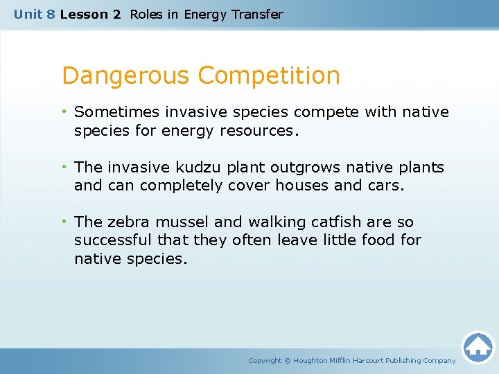 Unit 8 Lesson 2 Roles in Energy Transfer Dangerous Competition • Sometimes invasive species