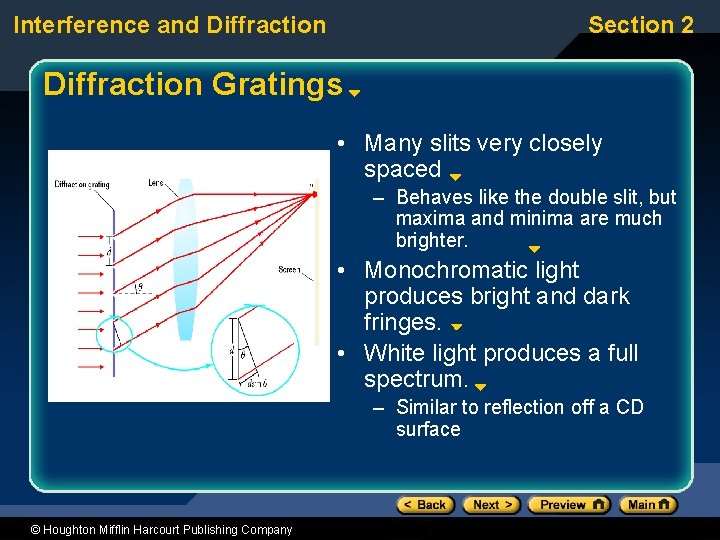 Interference and Diffraction Section 2 Diffraction Gratings • Many slits very closely spaced –