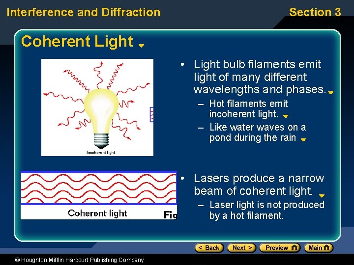 Interference and Diffraction Section 3 Coherent Light • Light bulb filaments emit light of