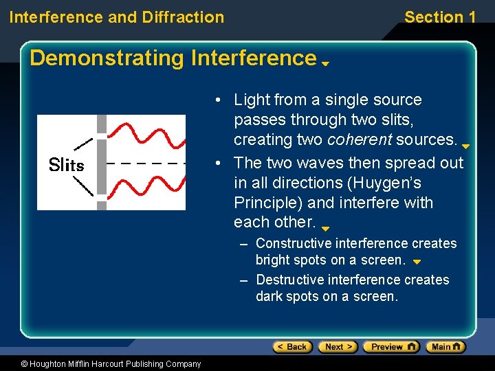 Interference and Diffraction Section 1 Demonstrating Interference • Light from a single source passes