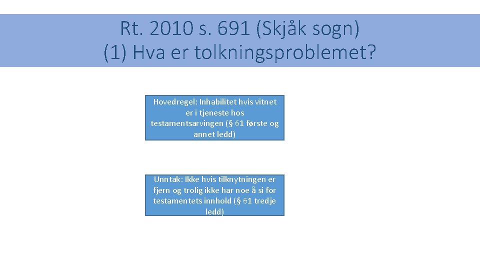 Rt. 2010 s. 691 (Skjåk sogn) (1) Hva er tolkningsproblemet? Hovedregel: Inhabilitet hvis vitnet