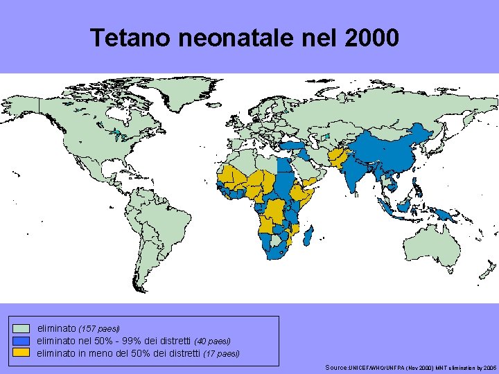 Tetano neonatale nel 2000 eliminato (157 paesi) eliminato nel 50% - 99% dei distretti