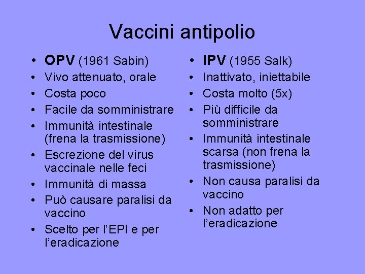 Vaccini antipolio • OPV (1961 Sabin) • IPV (1955 Salk) • • • Inattivato,