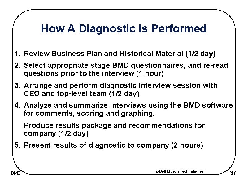 How A Diagnostic Is Performed 1. Review Business Plan and Historical Material (1/2 day)