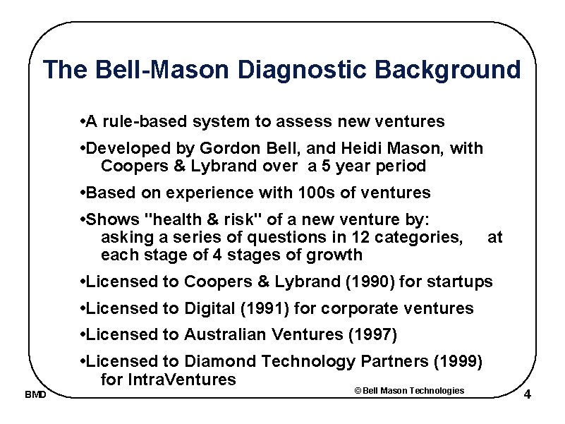 The Bell-Mason Diagnostic Background • A rule-based system to assess new ventures • Developed