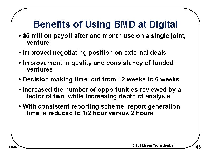 Benefits of Using BMD at Digital • $5 million payoff after one month use