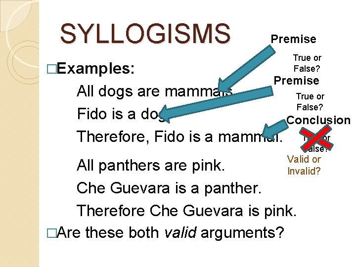 SYLLOGISMS �Examples: Premise True or False? Premise All dogs are mammals. True or False?