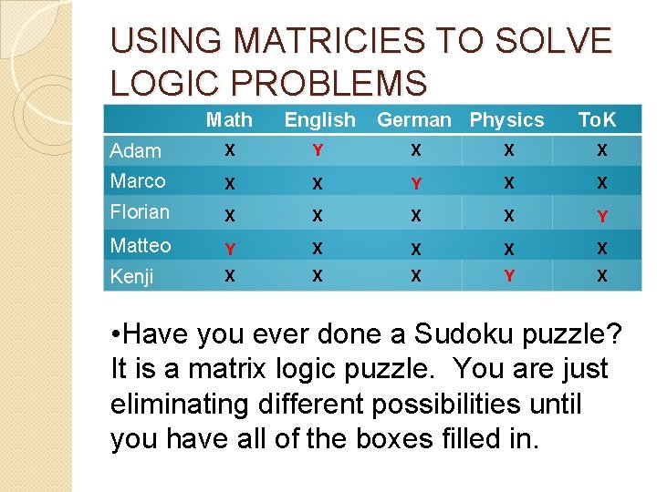 USING MATRICIES TO SOLVE LOGIC PROBLEMS Math English German Physics To. K Adam X