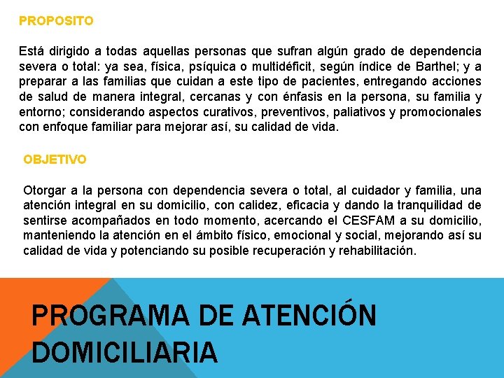 PROPOSITO Está dirigido a todas aquellas personas que sufran algún grado de dependencia severa