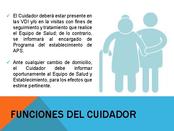 ü El Cuidador deberá estar presente en las VDI y/o en la visitas con