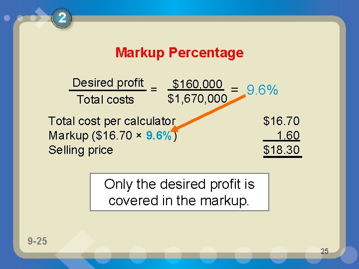 2 Markup Percentage Desired profit = $160, 000 = 9. 6% $1, 670, 000