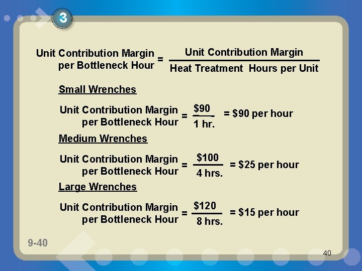 3 Unit Contribution Margin = per Bottleneck Hour Heat Treatment Hours per Unit Small