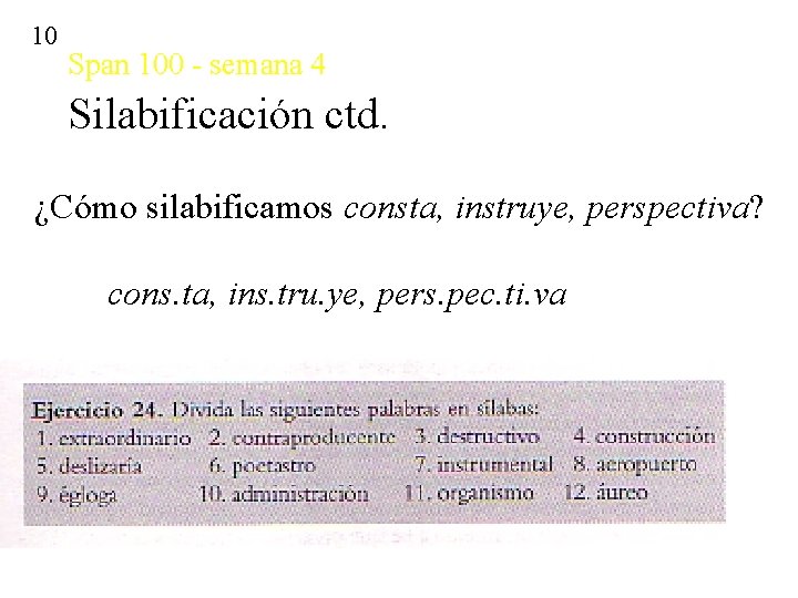 10 Span 100 - semana 4 Silabificación ctd. ¿Cómo silabificamos consta, instruye, perspectiva? cons.