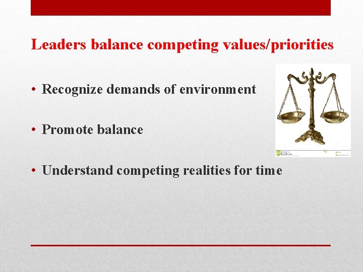 Leaders balance competing values/priorities • Recognize demands of environment • Promote balance • Understand