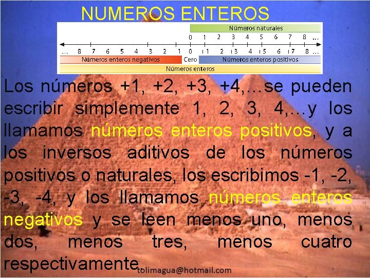 NUMEROS ENTEROS Los números +1, +2, +3, +4, …se pueden escribir simplemente 1, 2,