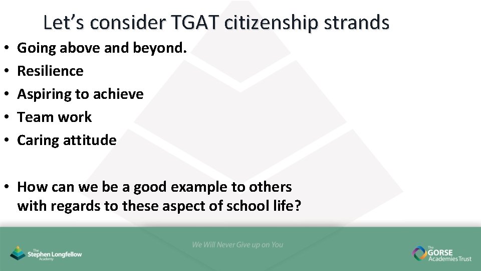 Let’s consider TGAT citizenship strands • • • Going above and beyond. Resilience Aspiring