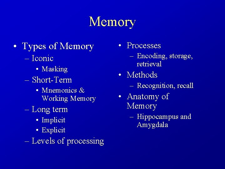 Memory • Types of Memory – Iconic • Masking – Short-Term • Mnemonics &