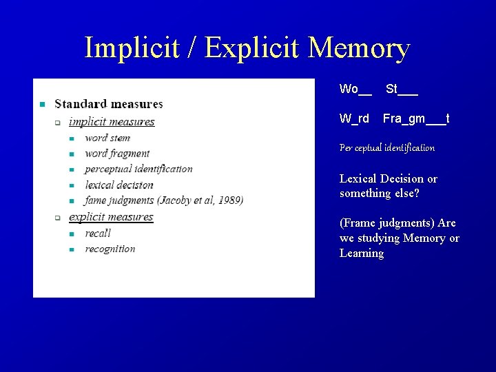 Implicit / Explicit Memory Wo__ St___ W_rd Fra_gm___t Per ceptual identification Lexical Decision or