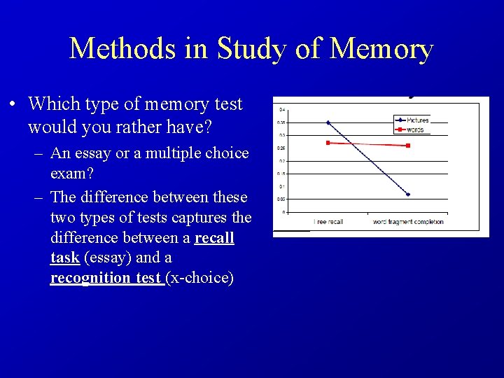 Methods in Study of Memory • Which type of memory test would you rather