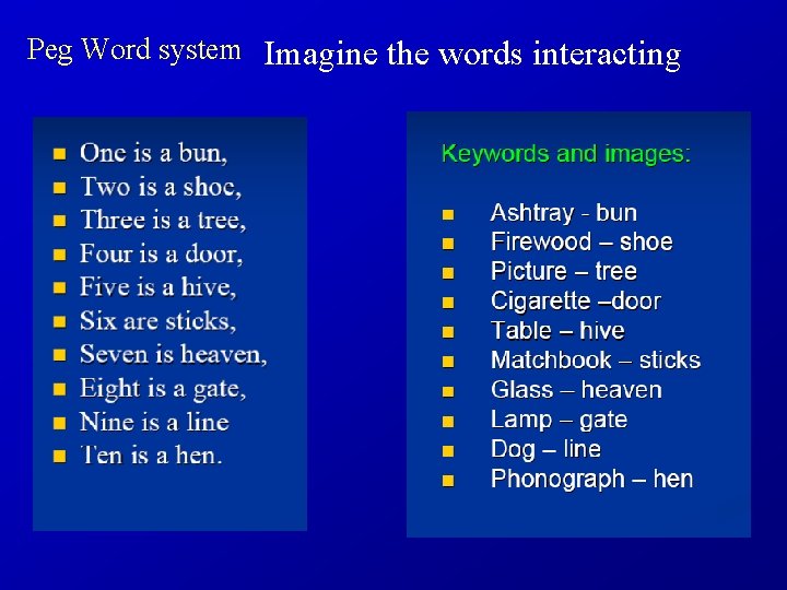 Peg Word system Imagine the words interacting 