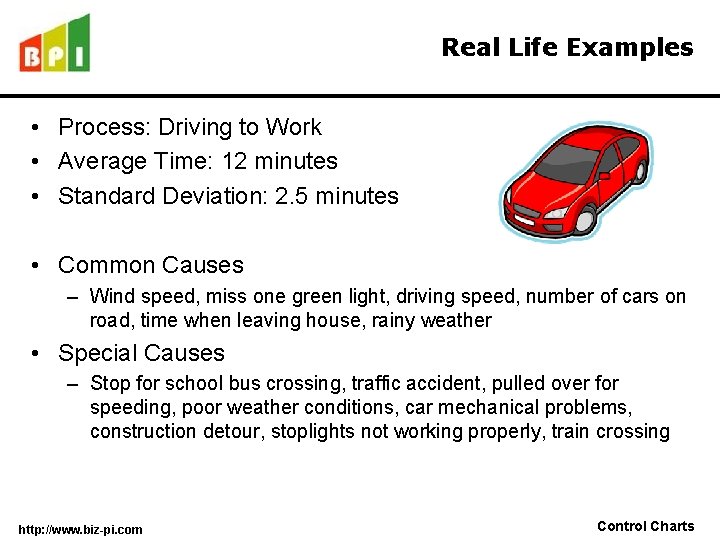 Real Life Examples • Process: Driving to Work • Average Time: 12 minutes •