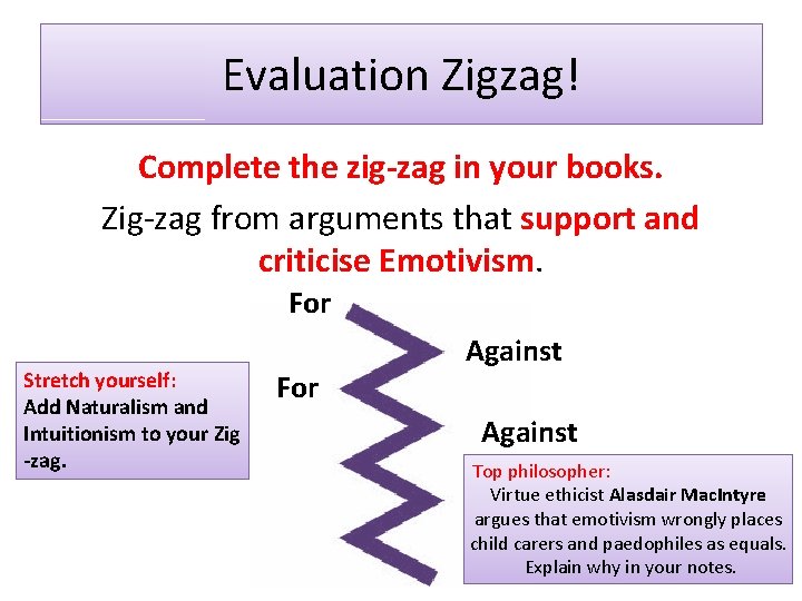 Evaluation Zigzag! Complete the zig-zag in your books. Zig-zag from arguments that support and