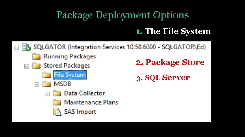 Package Deployment Options 1. The File System 2. Package Store 3. SQL Server 