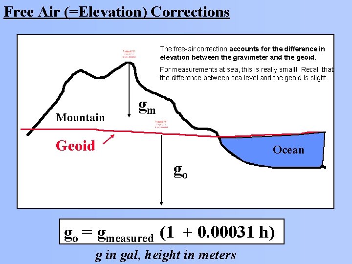 Free Air (=Elevation) Corrections The free-air correction accounts for the difference in elevation between