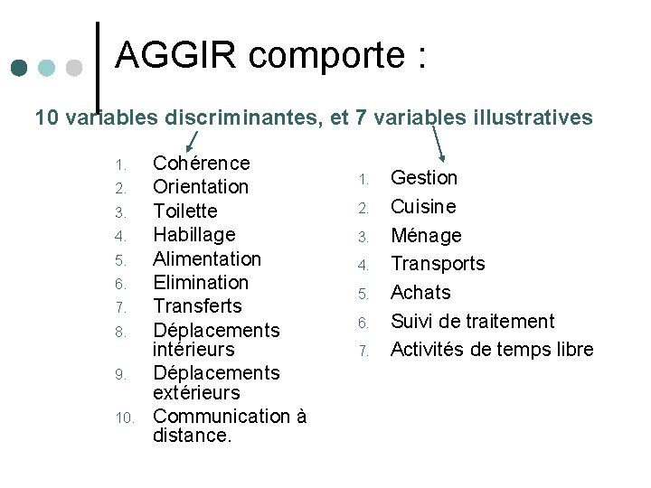 AGGIR comporte : 10 variables discriminantes, et 7 variables illustratives 1. 2. 3. 4.