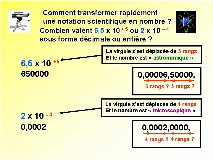 Comment transformer rapidement une notation scientifique en nombre ? Combien valent 6, 5 x