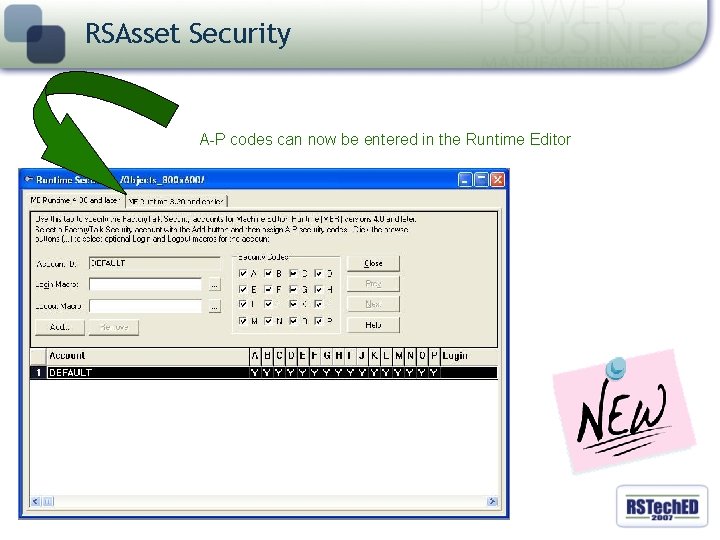 RSAsset Security A-P codes can now be entered in the Runtime Editor 