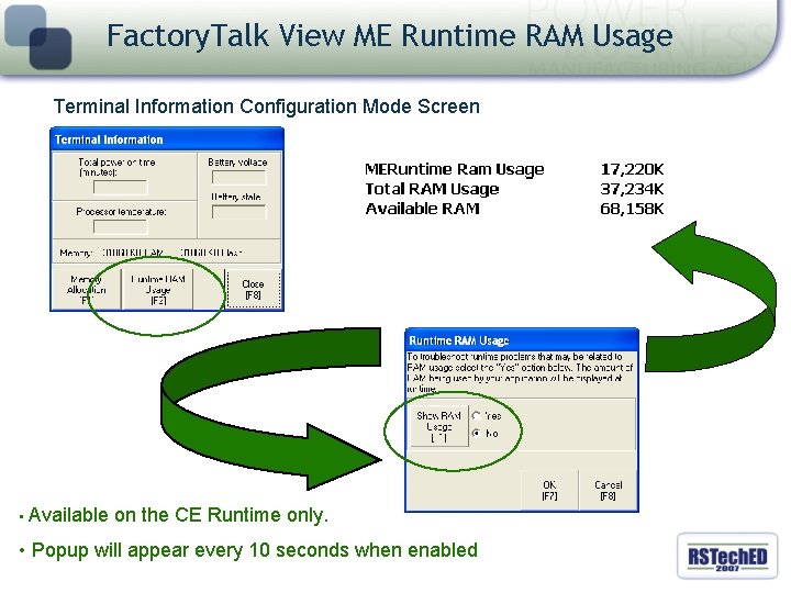 Factory. Talk View ME Runtime RAM Usage Terminal Information Configuration Mode Screen • Available