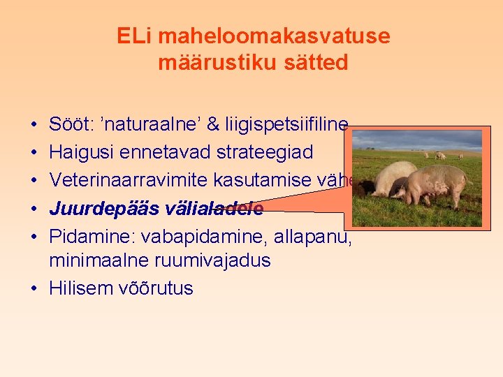 ELi maheloomakasvatuse määrustiku sätted • • • Sööt: ’naturaalne’ & liigispetsiifiline Haigusi ennetavad strateegiad