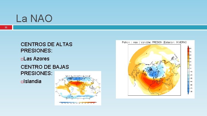 La NAO 22 CENTROS DE ALTAS PRESIONES: Las Azores CENTRO DE BAJAS PRESIONES: Islandia