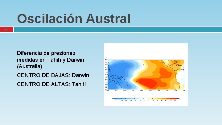 Oscilación Austral 32 Diferencia de presiones medidas en Tahití y Darwin (Australia) CENTRO DE