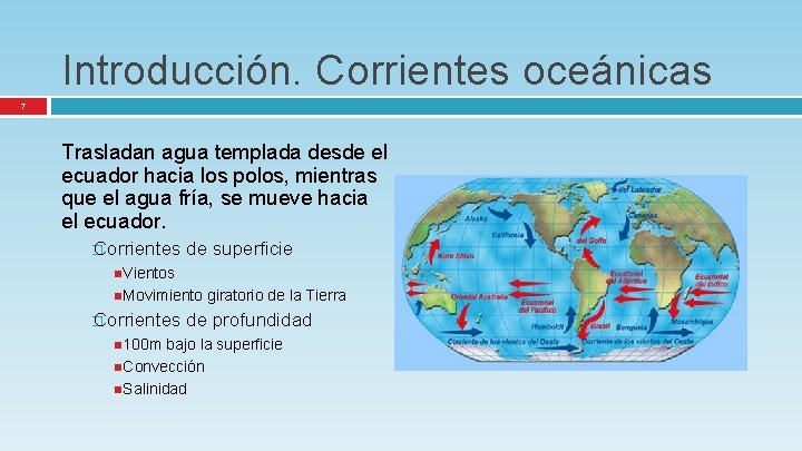 Introducción. Corrientes oceánicas 7 Trasladan agua templada desde el ecuador hacia los polos, mientras