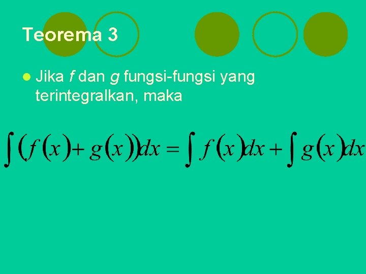 Teorema 3 l Jika f dan g fungsi-fungsi yang terintegralkan, maka 