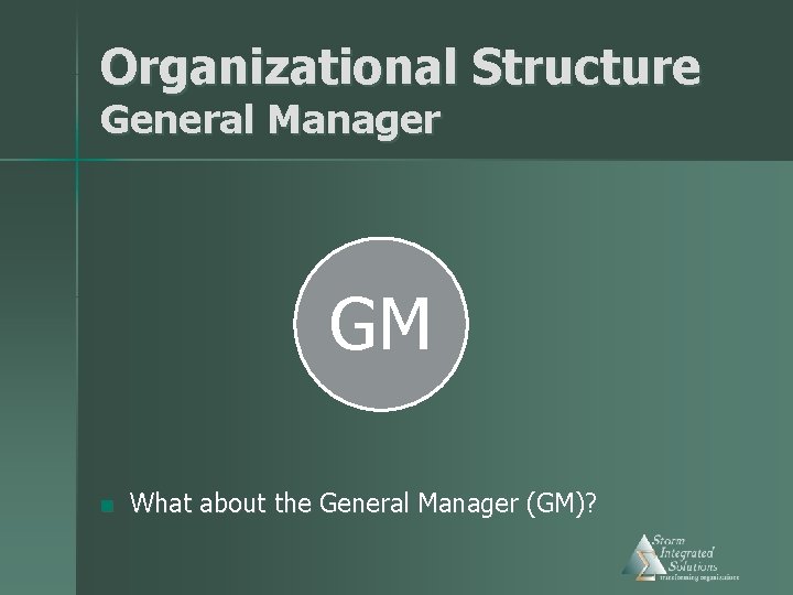 Organizational Structure General Manager GM n What about the General Manager (GM)? 